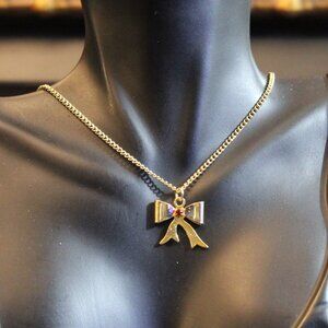 NWT Vintage Ribbon Bow Red Rhinestone Pendant Necklace